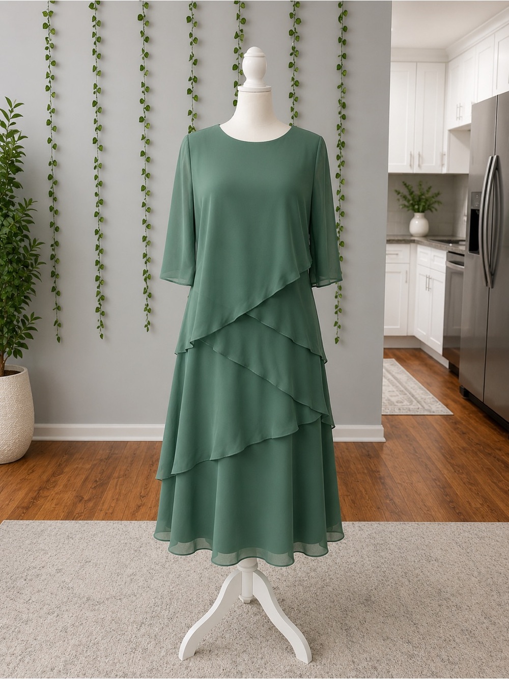 Elegant Green Layered Midi Dress